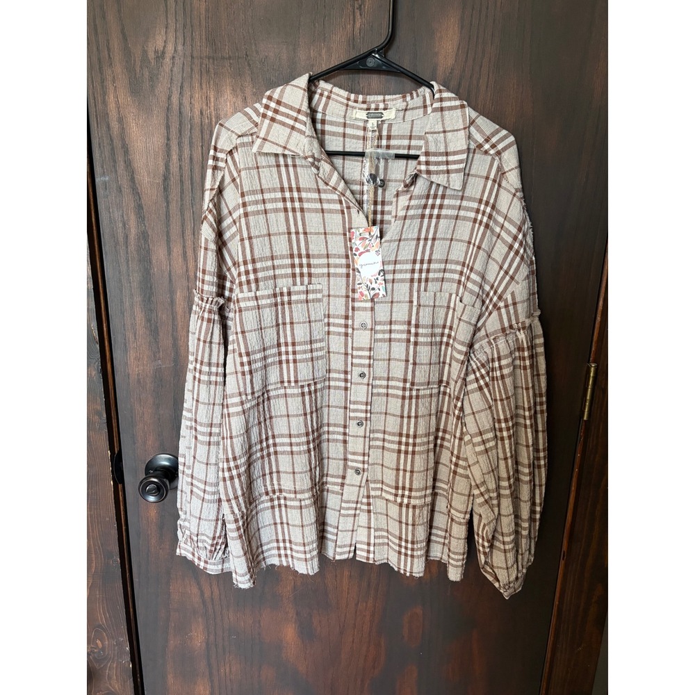 Gimmick by BKE Brown Plaid Button Down Shirt Balloon Sleeve Cotton NWT Large